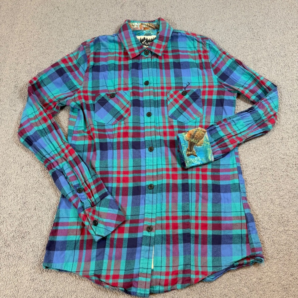 Pladra Womens Flannel Shirt Small Plaid Teal Red Fish Print Lining Made in USA
